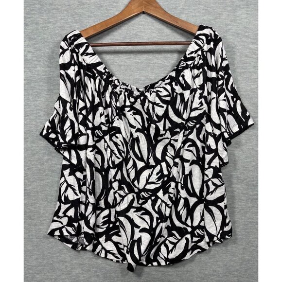 Chicos Womens Shirt Sz L 100% Linen Black White Leaf Print Off Shoulder Summer - Picture 1 of 5